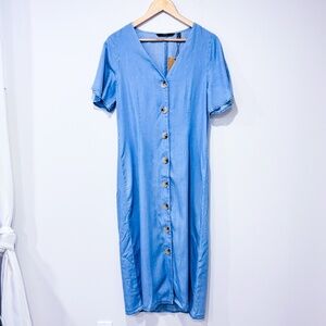 VERO MODA Blue Button-Front Midi Dress Lightweight Summer | Medium *